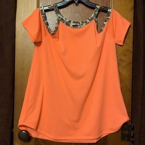 Like new, open shoulder, neon orange/leopard tunic